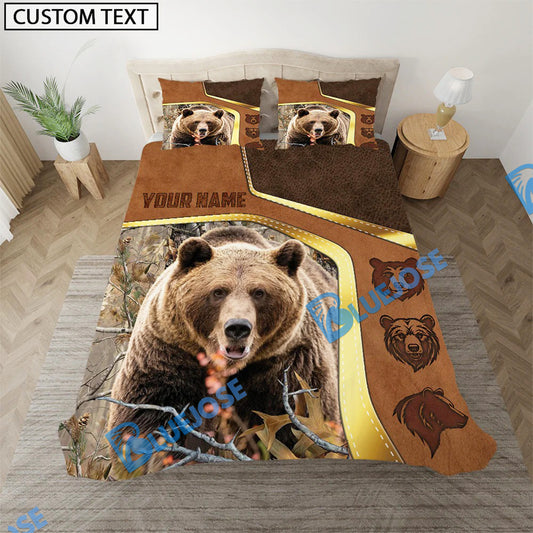 Bluejose Bear Hunting Grass Brown Camo Leather Pattern Version 2 Golden Line Bedding Set 3D All Over Printed