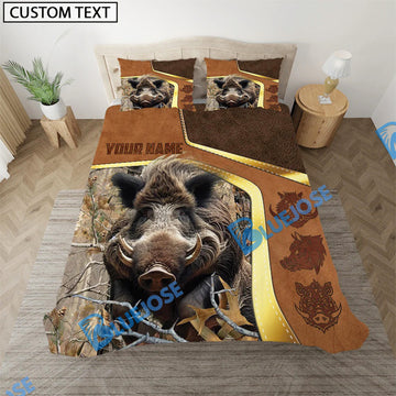 Bluejose Boar Hunting Grass Brown Camo Leather Pattern Version 2 Golden Line Bedding Set 3D All Over Printed