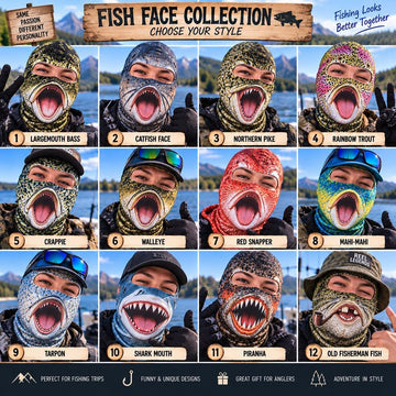 BlueJose Funny Fishing Balaclava Face Mask (12 Fishes)