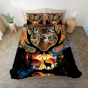 Bluejose Deer Hunting Orange Camo Couple Sunset Pattern Bedding Set 3D All Over Printed