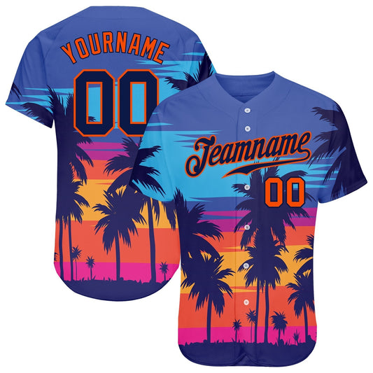 BlueJose Custom Royal Navy-Orange 3D Pattern Design Palm Trees Authentic Baseball Jersey
