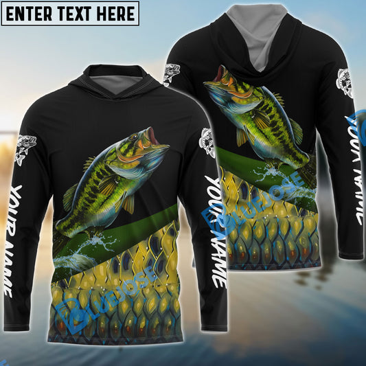 Bluejose Custom Largemouth Bass Fishing Jerseys, Personalized Bass Fishing Scales Fishing Long Sleeve Shirts