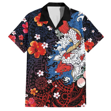 BlueJose Hibiscus and Koi Fish Polynesian Pattern Hawaiian Shirt