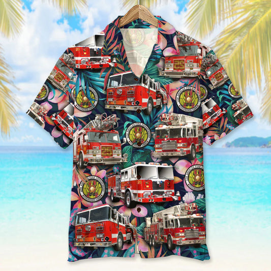 Custom Fire Engine Photo Hawaiian Shirt, Floral Pattern, Gift For Firefighter