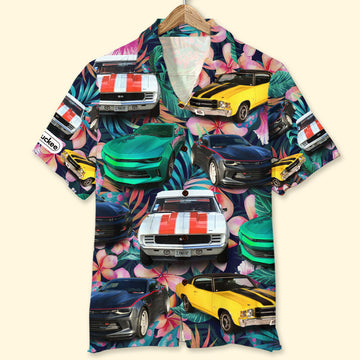 Bluejose Custom Muscle Car Photo Tropical Plants And Hibiscus Flowers Pattern Hawaiian Shirt