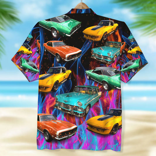 Custom Muscle Car Photo Hawaiian Shirt, Colorful Flame Pattern