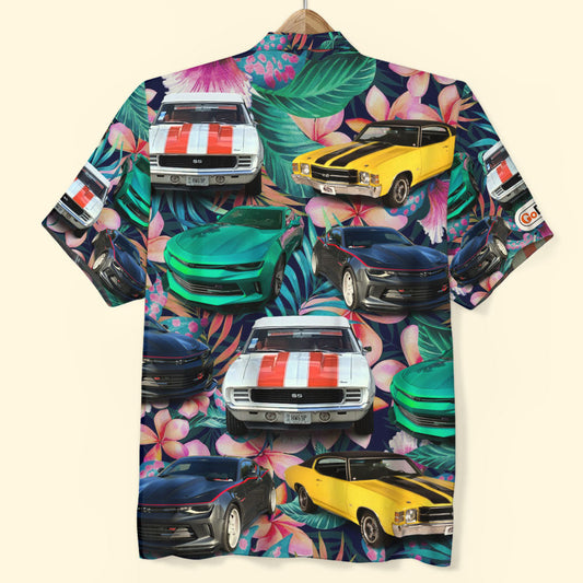 Bluejose Custom Muscle Car Photo Tropical Plants And Hibiscus Flowers Pattern Hawaiian Shirt