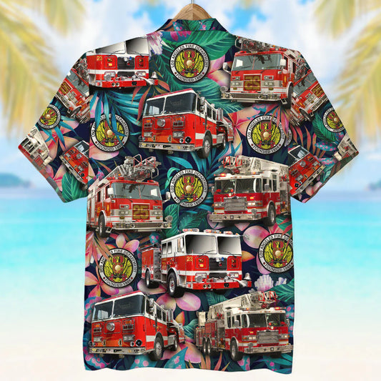 Custom Fire Engine Photo Hawaiian Shirt, Floral Pattern, Gift For Firefighter
