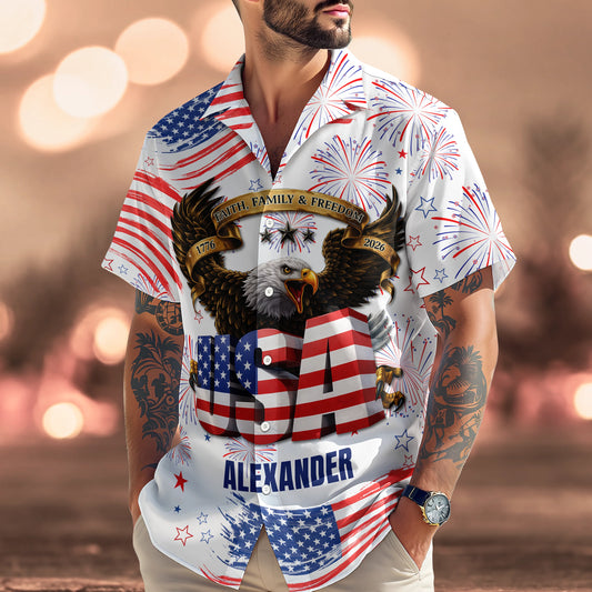 BlueJose Custom Name Happy Independence's Day USA Eagle Faith, Family & Freedom 3D Hawaii Shirt