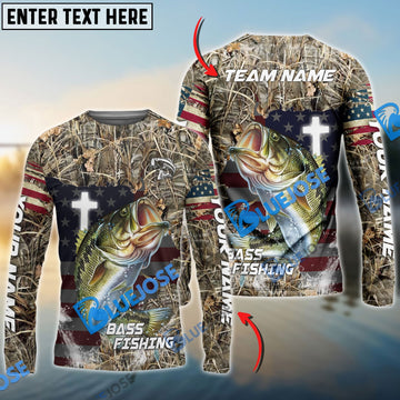 BlueJose Bass Fishing Cross Camo Custom Name & Team Name 3D Shirts