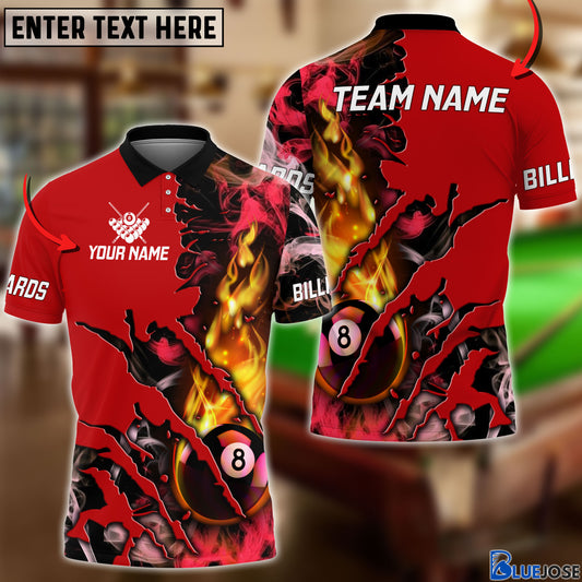 BlueJose Billiards Flame Smoke Pattern Personalized Name, Team Name Unisex Shirt