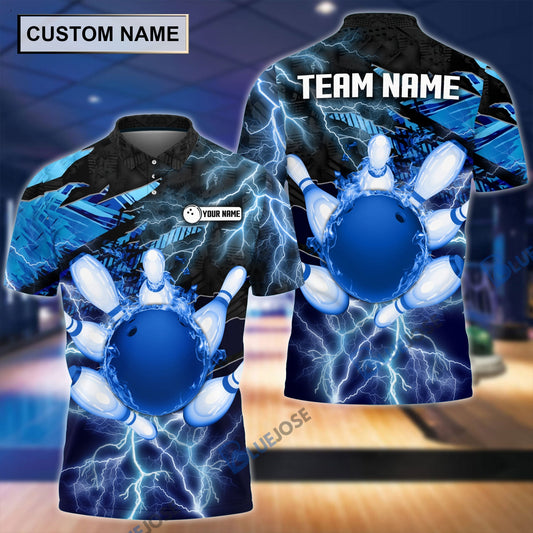BlueJose Thunder Power Bowling And Pins Personalized Name Team Name 3D Shirt