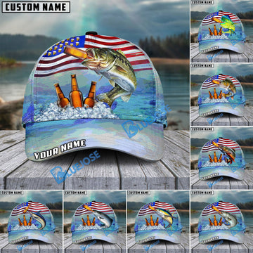 BlueJose Fishing American Flag Beer Personalized Cap (Bass, Walleye, Trout, Catfish, Crappie, Striped Bass, Salmon, Pike, Tuna, Marlin, Mahi-mahi)