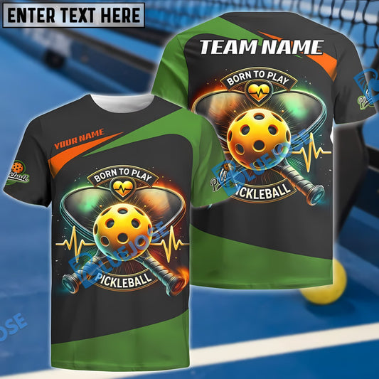 BlueJose Born To Play Pickleball Heartbeat Custom Name & Team 3D Shirt (4 Colors)