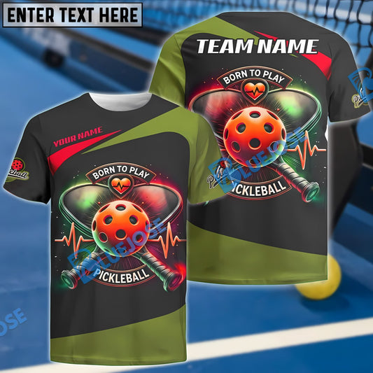 BlueJose Born To Play Pickleball Heartbeat Custom Name & Team 3D Shirt (4 Colors)