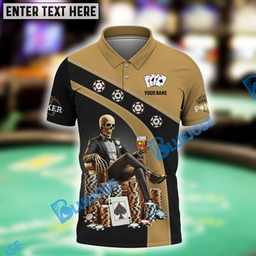BlueJose Black & Gold Skeleton King Design with Chips - Poker Shirt, Custom Name & Team Name 3D Shirts