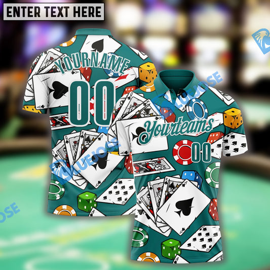 BlueJose Teal White Gambling Poker Shirt, Custom Name & Team Name 3D Shirts