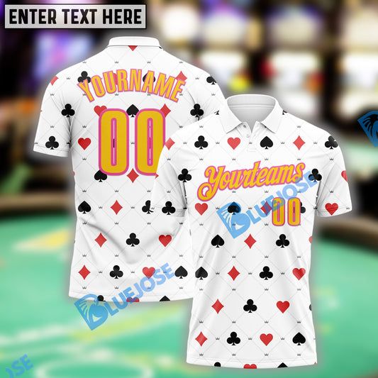 BlueJose White Yellow-Pink Gambling Poker Shirt, Custom Name & Team Name 3D Shirts