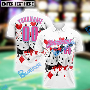 BlueJose White Pink-Light Blue Gambling Poker Shirt, Custom Name & Team Name 3D Shirts