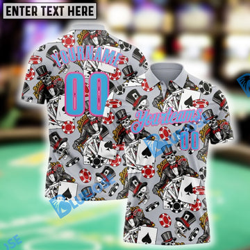 BlueJose Gray Sky Blue-Pink Gambling Poker Shirt, Custom Name & Team Name 3D Shirts