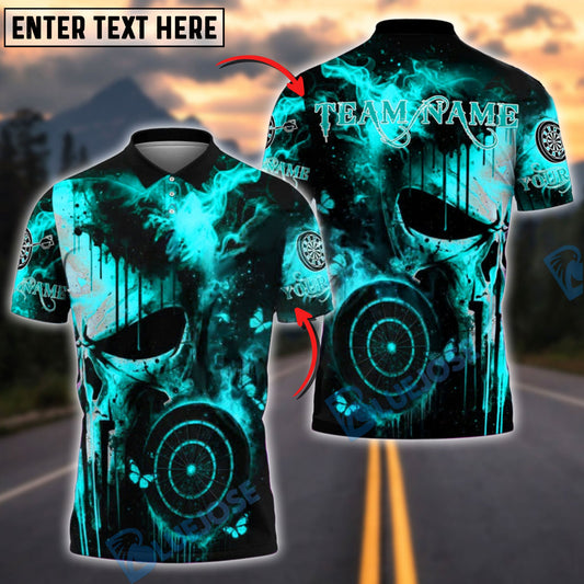 BlueJose Darts Punisher Skull Fire Flames Customized Name, Team Name 3D Shirt (4 Colors)