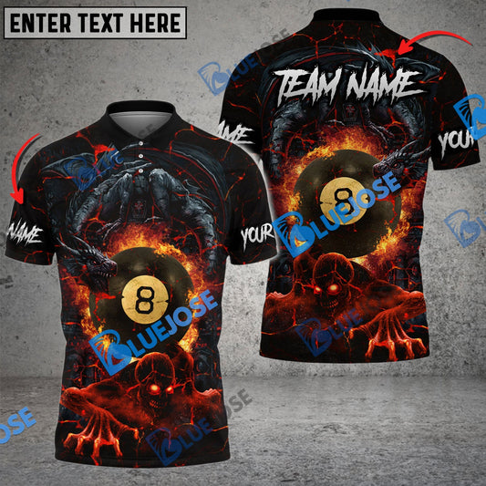 BlueJose Billiards Ball 8 Skull & Dragon Fight Personalized Name, Team Name Shirt (4 Colors)