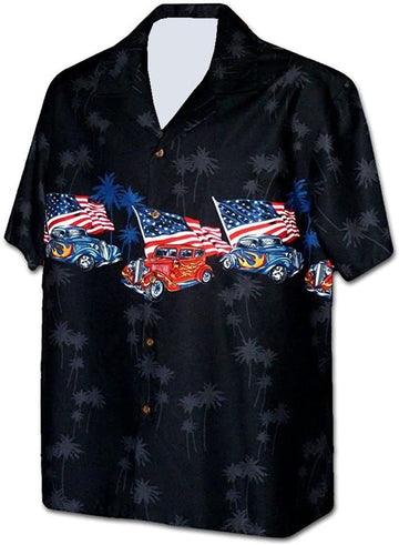 Bluejose Retro Hot Rod American Flag Hawaiian Shirt