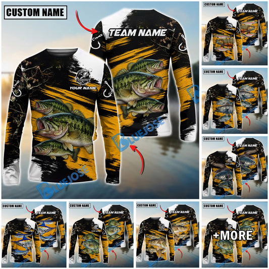 Bluejose Fishing Yellow Rustic Camouflage Custom Name & Team Name 3D Shirts (12 Breeds)