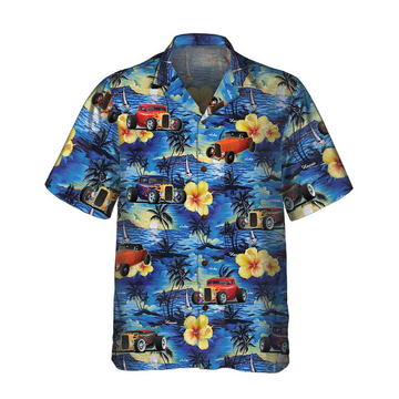 Bluejose Hot Rod And Tropical Hibiscus Pattern Hawaiian Shirt