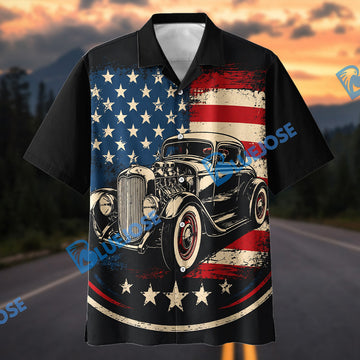Bluejose Retro Hot Rod Coupe USA Flag Aloha Shirt