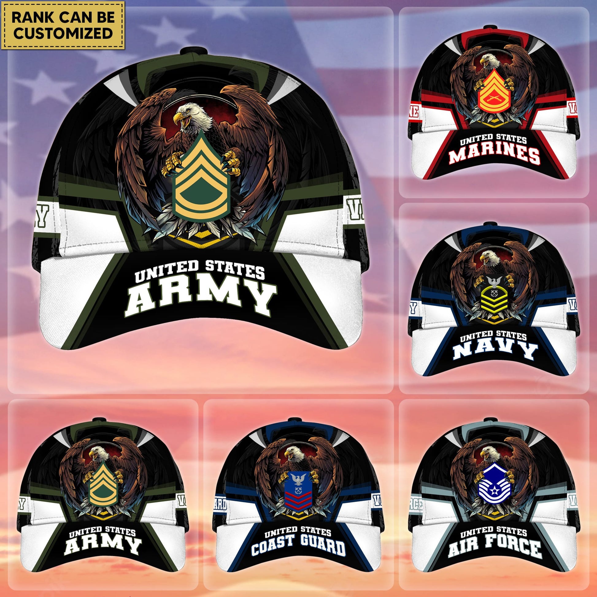 BlueJose Premium Personalized Custom Rank US Veteran Cap APVC220701
