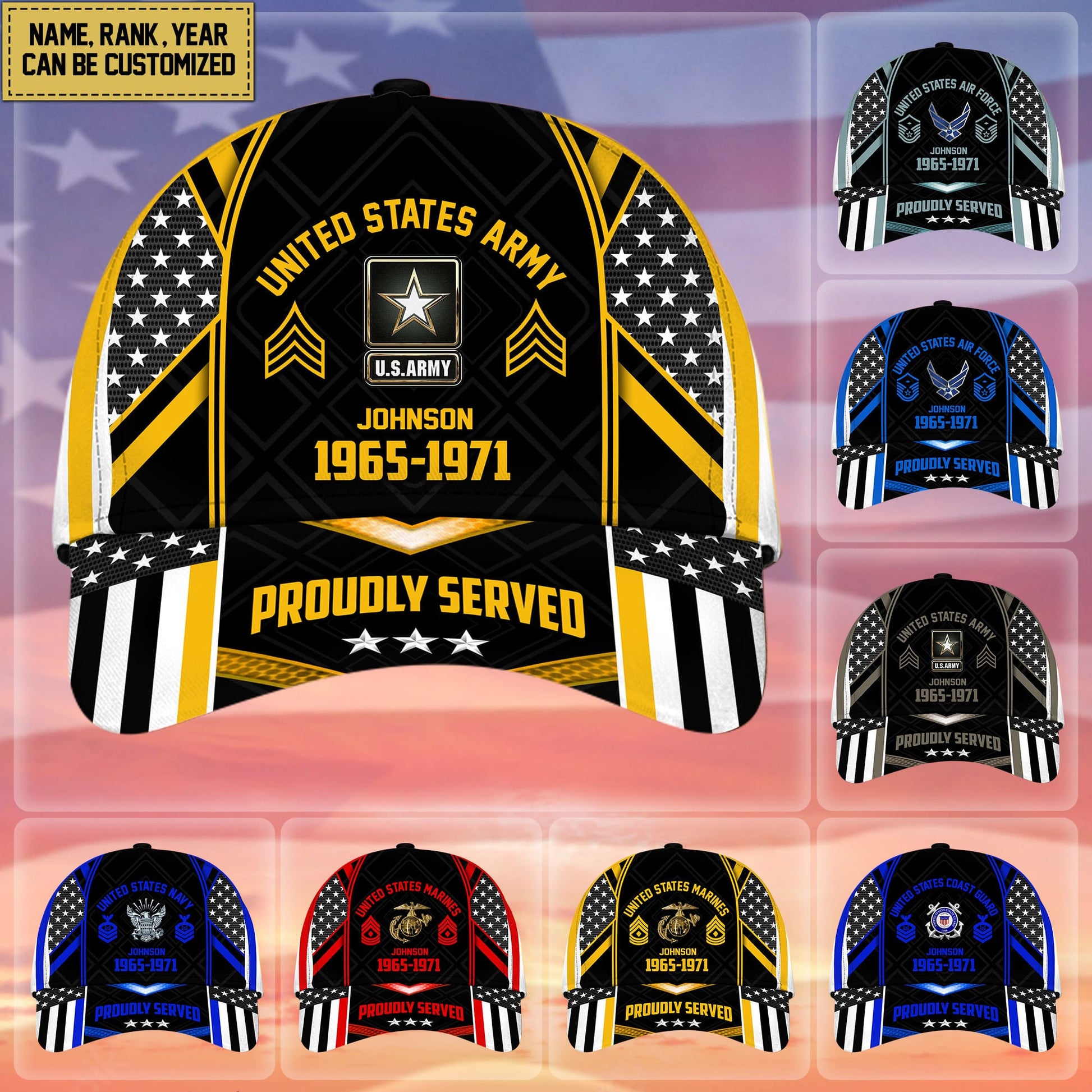 BlueJose Premium Custom Name Rank And Year US Veteran Cap APVC160802