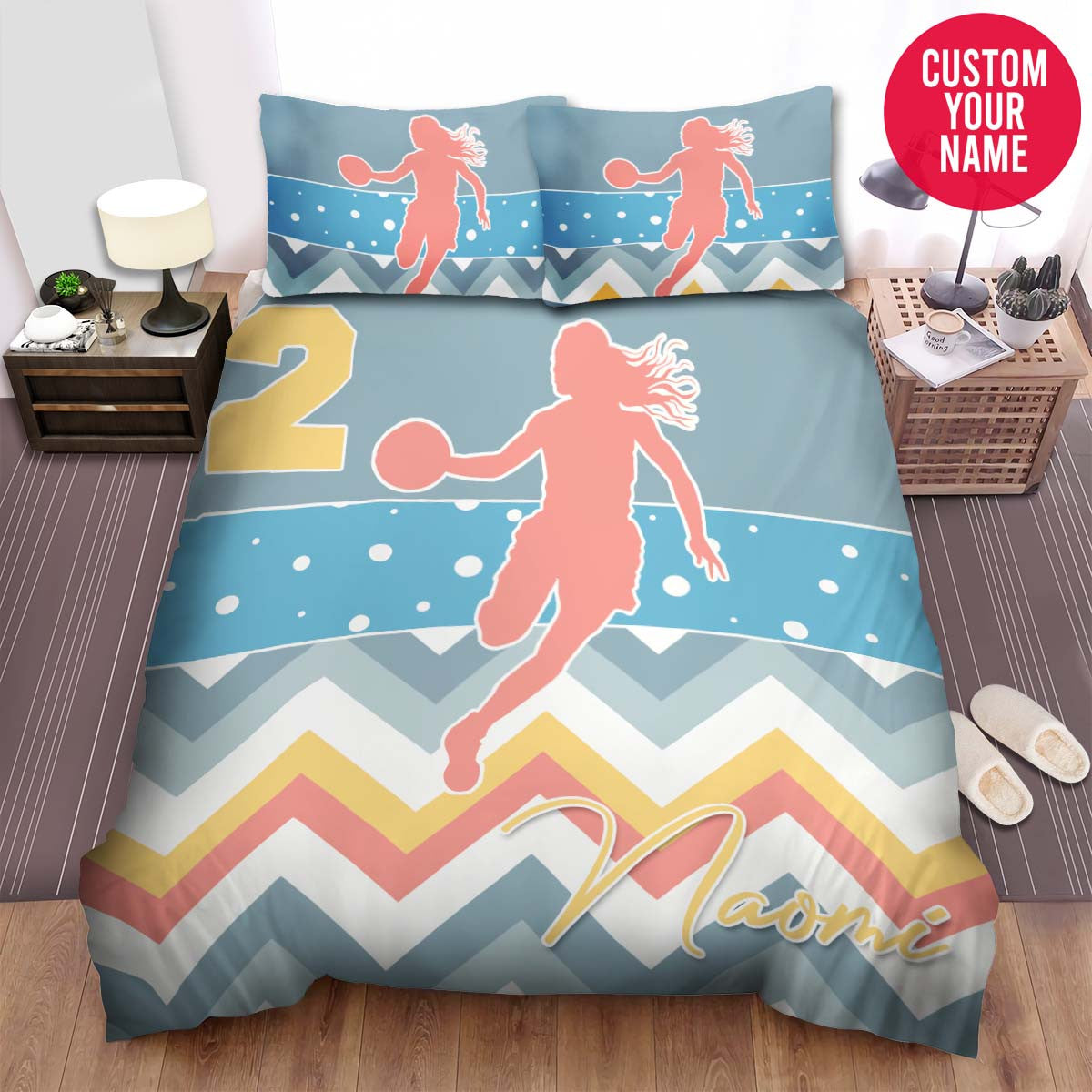 BlueJose Personalized Girl Playing Basketball Custom Name Duvet Cover Bedding Set