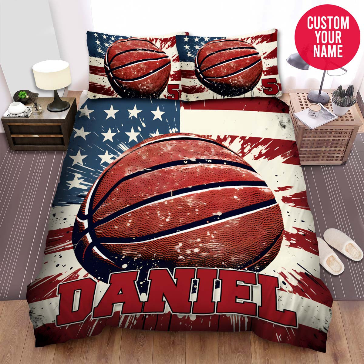 BlueJose Personalized Basketball Ball And Us Flag Vintage Custom Name Duvet Cover Bedding Set