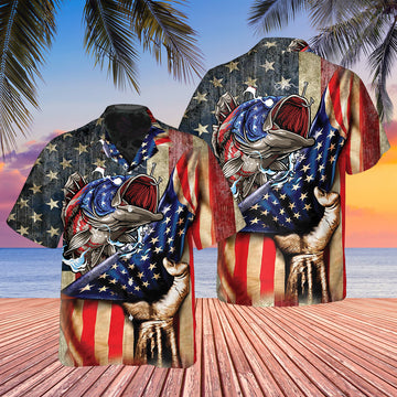 BlueJose Bass Fishing American Flag Hawaii Shirt