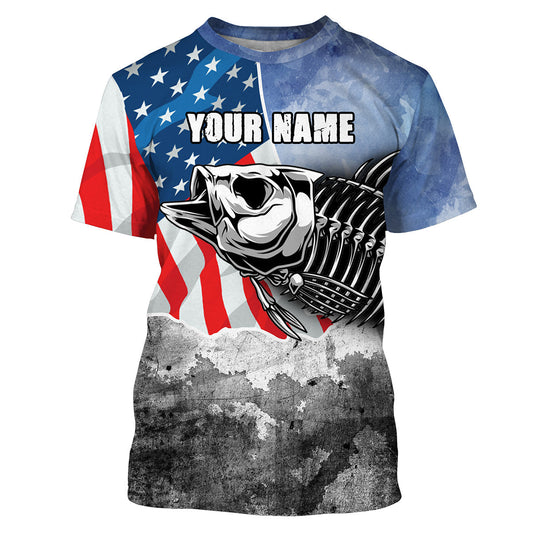 BlueJose Bass Skeleton American Flag Custom Name Fishing Shirt