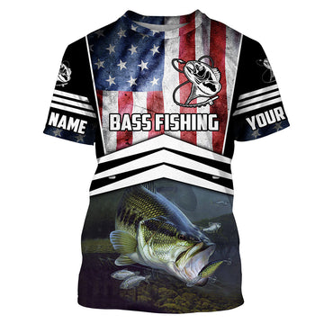 BlueJose American Flag Patriotic Largemouth Bass Customize Name Fishing Shirt