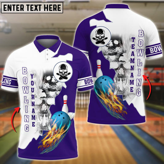 BlueJoses Purple Bowling Ball Flame Skull Pattern Premium Customized Name 3D Shirt