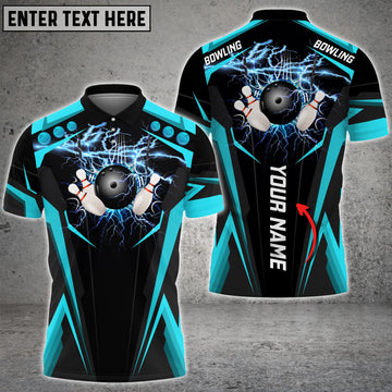 BlueJoses Cyan Bowling Ball Crashing The Pins Thunder Pattern Customized Name All Over Printed Shirt