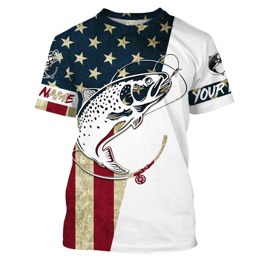 Bluejose Personalized Rainbow Trout Fishing American Flag Long Sleeve Fishing Shirts, Patriotic Fishing Gifts