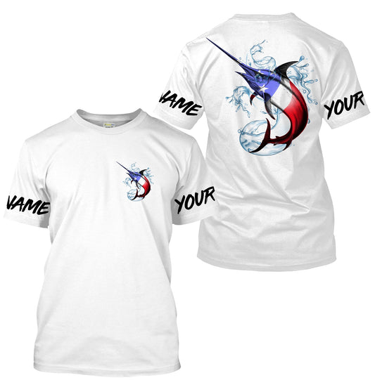 Bluejose Swordfish Fishing American Flag Custom Long Sleeve Performance Fishing Shirts, Patriotic