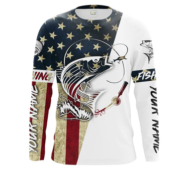 Bluejose Striped Bass Fishing American Flag Custom  Long Sleeve Fishing Shirts, Personalized Patriotic Fishing Gifts