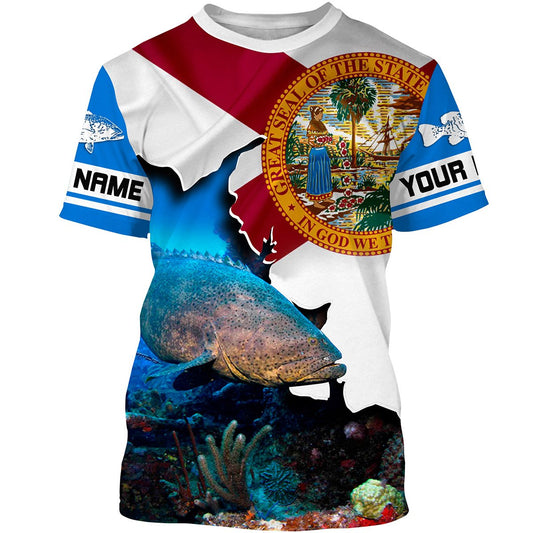 Bluejose Goliath Grouper Fishing 3D Florida Flag Patriot Custom Name All Over Print Shirts - Personalized Fishing Gifts