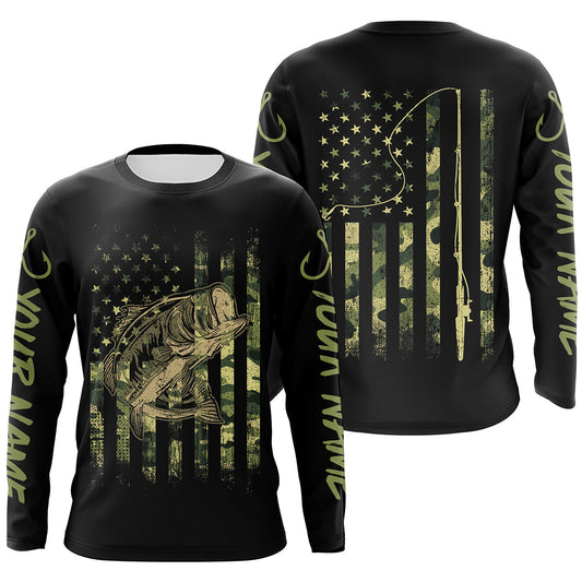Bluejose Bass Fishing Camo American Flag Custom Long Sleeve Fishing Shirts , Personalized Patriotic Fishing Gifts
