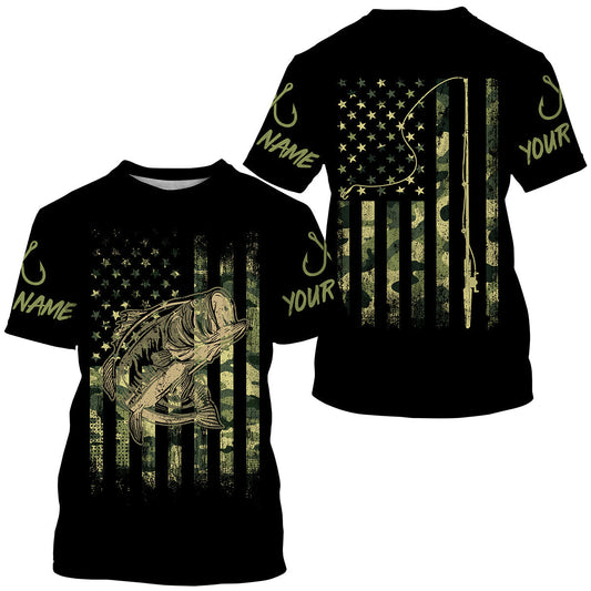 Bluejose Bass Fishing Camo American Flag Custom Long Sleeve Fishing Shirts , Personalized Patriotic Fishing Gifts