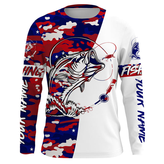 Bluejose Personalized Bass Fishing Red, White And Blue Camo Fishing Shirts, Patriotic Bass Fishing Jerseys