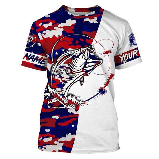 Bluejose Personalized Bass Fishing Red, White And Blue Camo Fishing Shirts, Patriotic Bass Fishing Jerseys