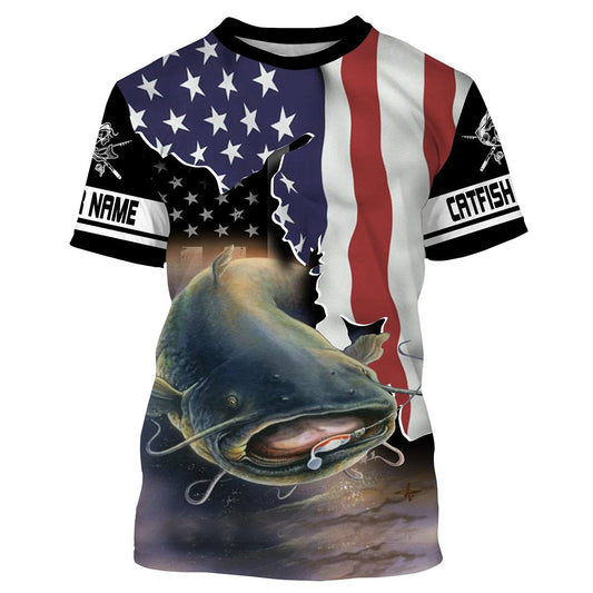 Bluejose Flathead Catfish Fishing American Flag Custom Long Sleeve Fishing Shirts, Patriotic Tournament Fishing Shirts