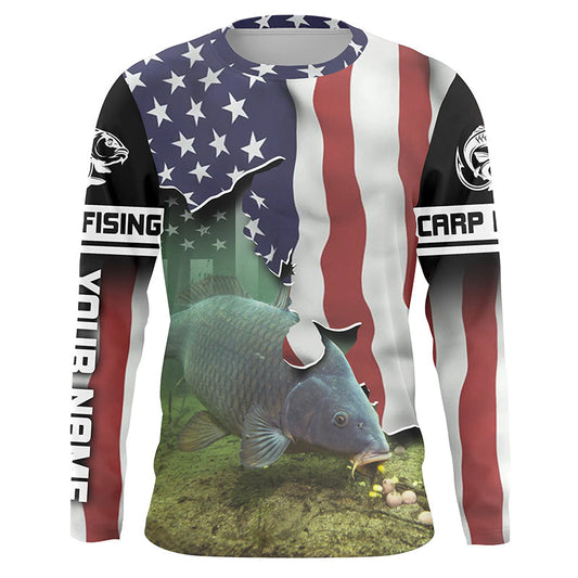 Bluejose Carp Fishing American Flag Custom Long Sleeve Fishing Shirts, Patriotic Tournament Fishing Shirts