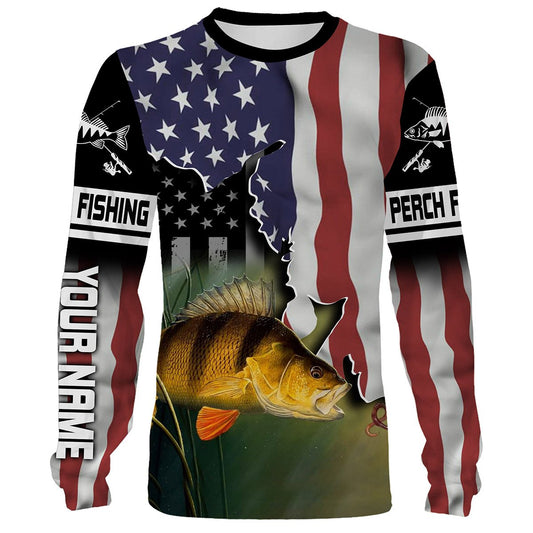 Bluejose Yellow Perch Fishing American Flag Custom Long Sleeve Fishing Shirts, Patriotic Tournament Fishing Shirts